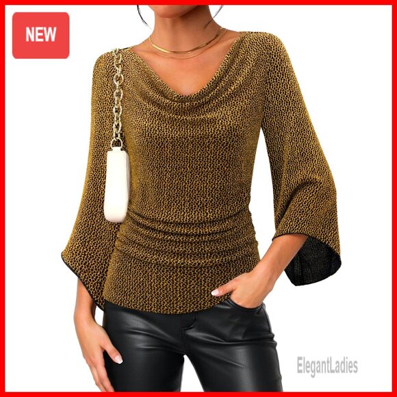 Cowl Neck 3/4 Sleeve Sparkly Mesh Top Ruched Waist Work Evening Party